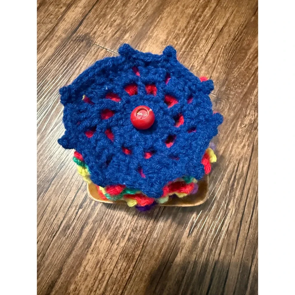 Vintage Handmade Crochet Coaster Set 9 pc Rainbow Star with Wooden Spindle Base